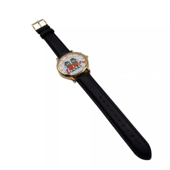 Vintage Christmas Watch Gold Tone Genuine Leather Band Holiday Elves New Battery - Picture 9 of 10